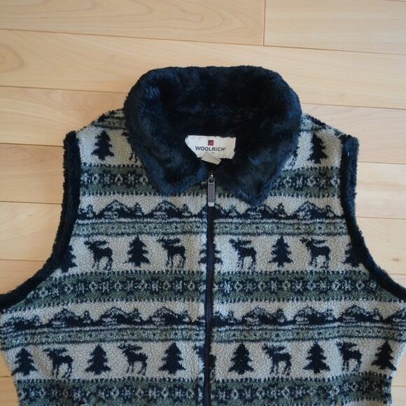 Woolrich Sherpa Fleece Vest Jacket Pine Tree Moose Size XL - Picture 2 of 4